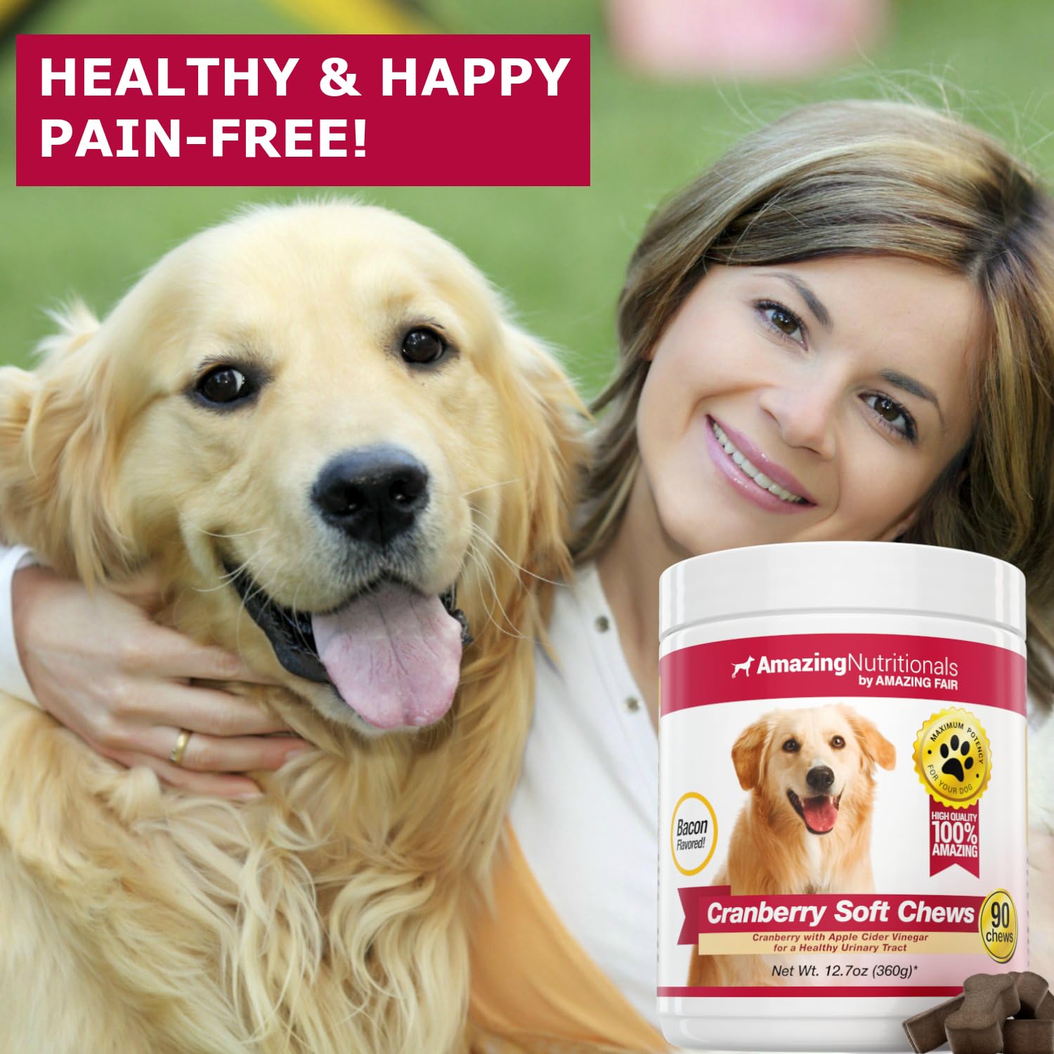 Amazing Cranberry for Dogs close-up of bacon-flavor chews aiding bladder comfort.