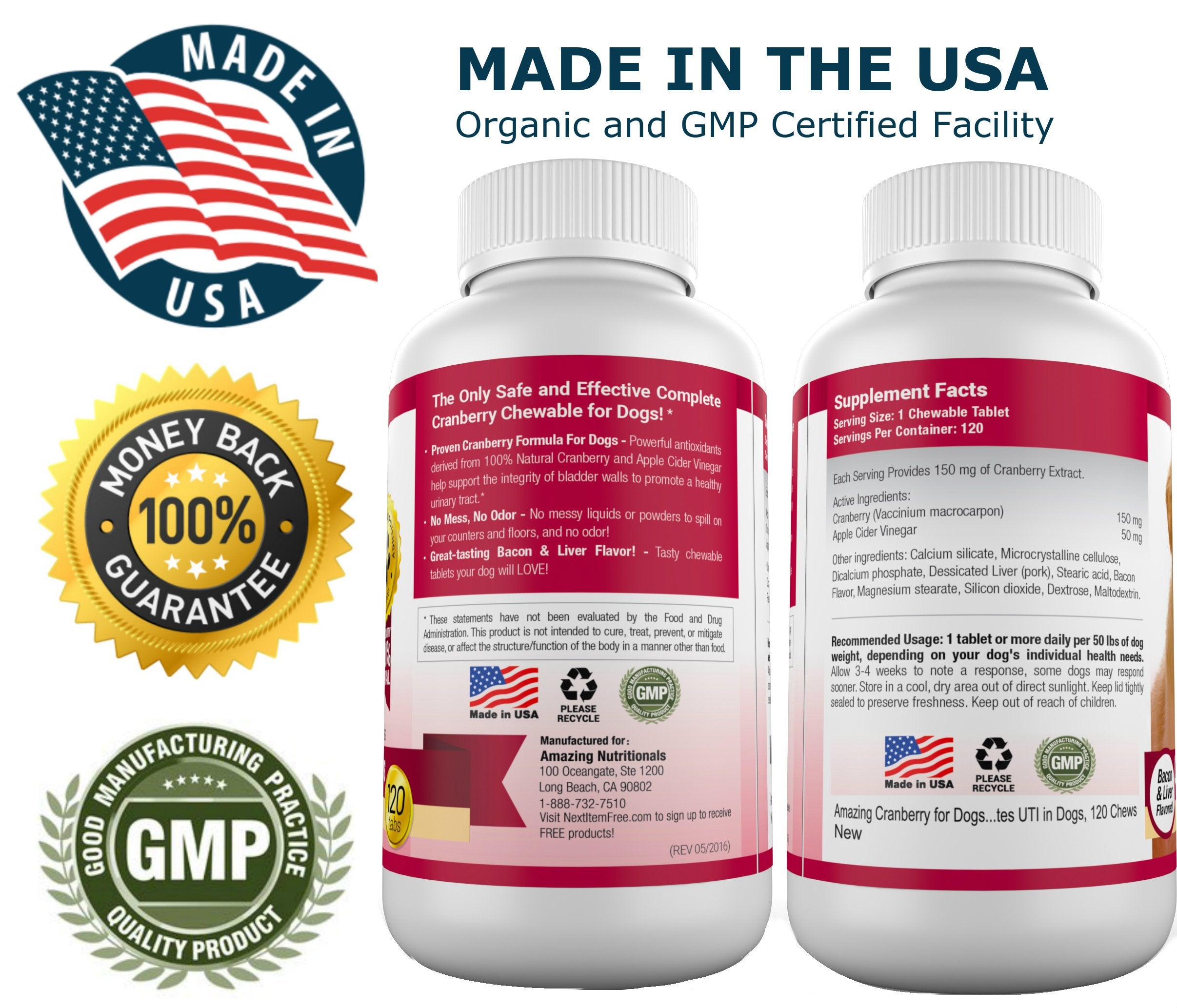 Amazing Cranberry for Dogs ingredients label emphasizing cranberry extract and safety tested formula