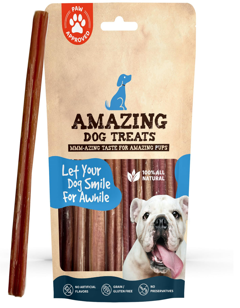 Amazing Dog Treats 12inch bully sticks front view for bulk six-pack chew option.