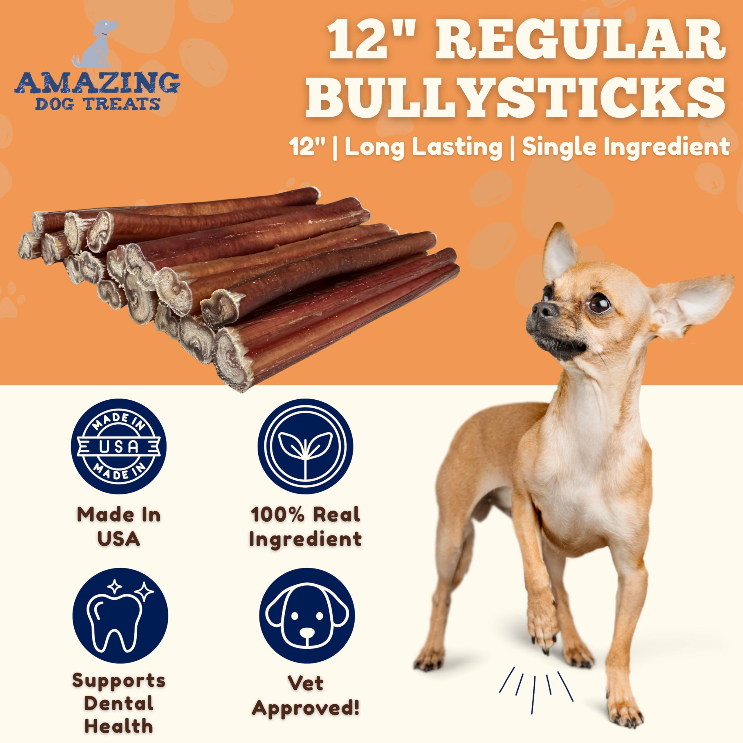 Amazing Dog Treats 12inch bully sticks side view showing consistent thickness for steady chewing.