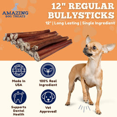 Amazing Dog Treats 12inch bully sticks side view showing consistent thickness for steady chewing.