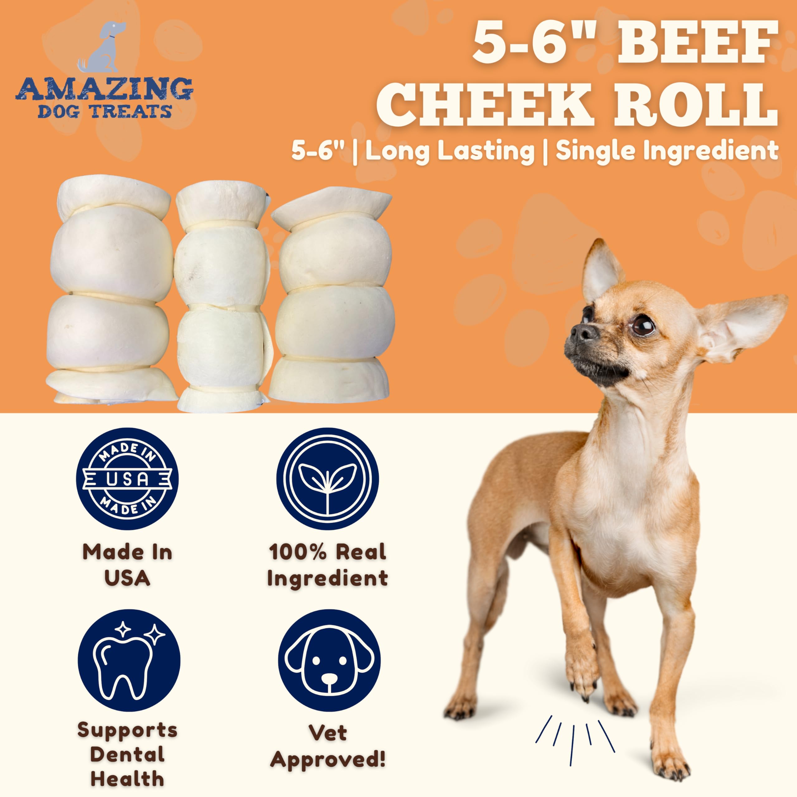 Amazing Dog Treats beef cheek rolls closeup durable chew for power chewers.