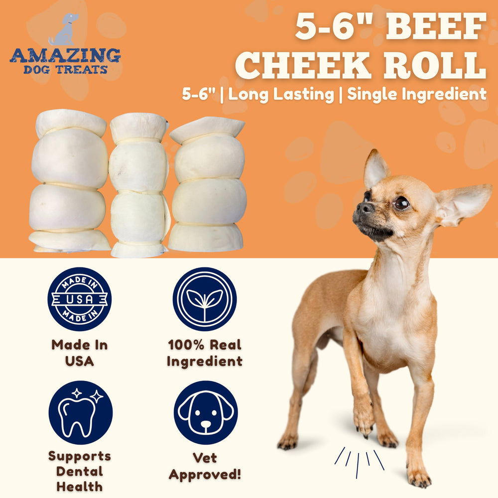 Amazing Dog Treats beef cheek rolls closeup durable chew for power chewers.