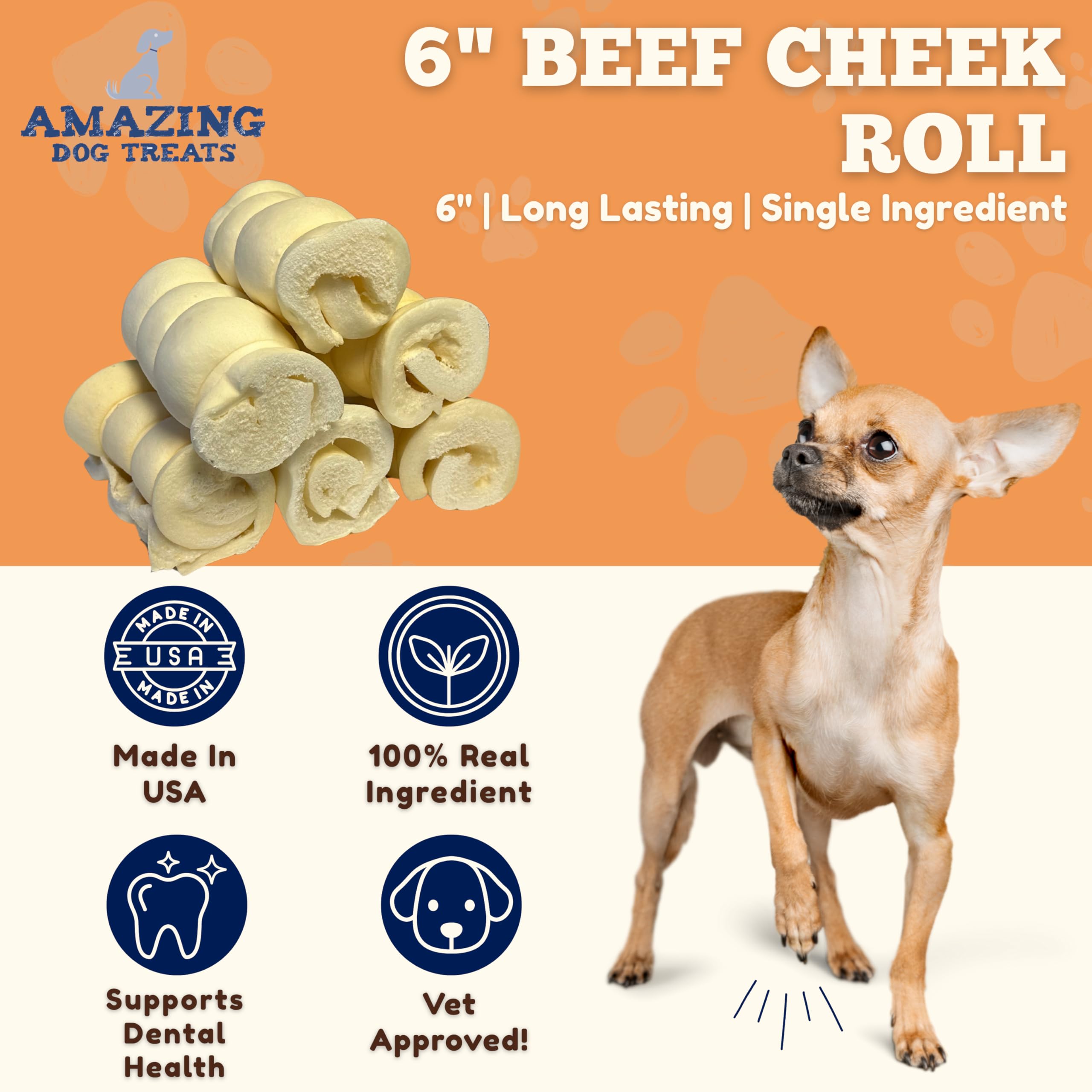 Amazing Dog Treats beef cheek rolls closeup-teeth shows dental-friendly texture