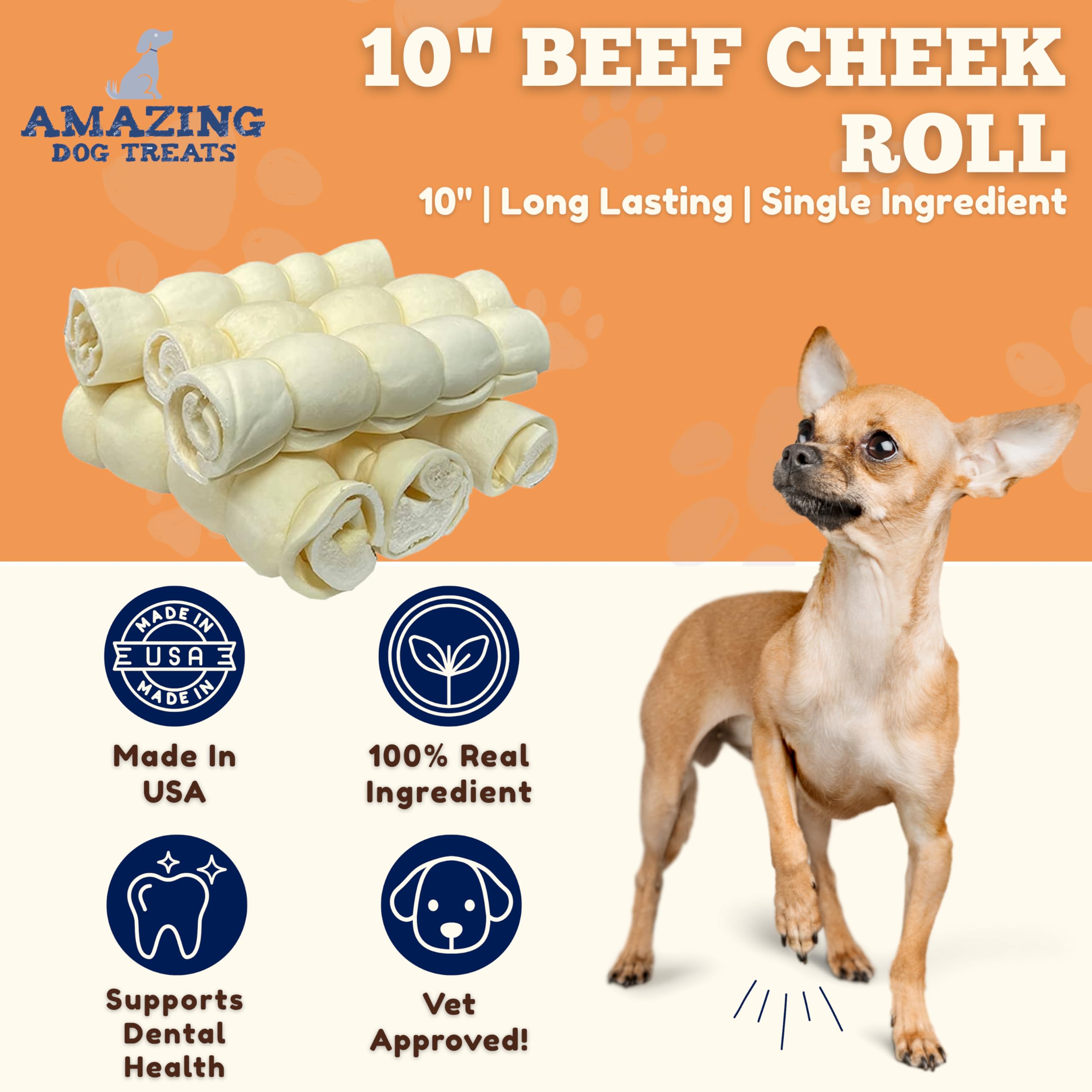 Amazing Dog Treats beef cheek rolls closeup highlights meat texture and natural nutrient-rich chew