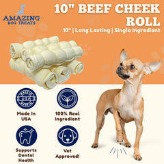 Amazing Dog Treats beef cheek rolls closeup highlights meat texture and natural nutrient-rich chew
