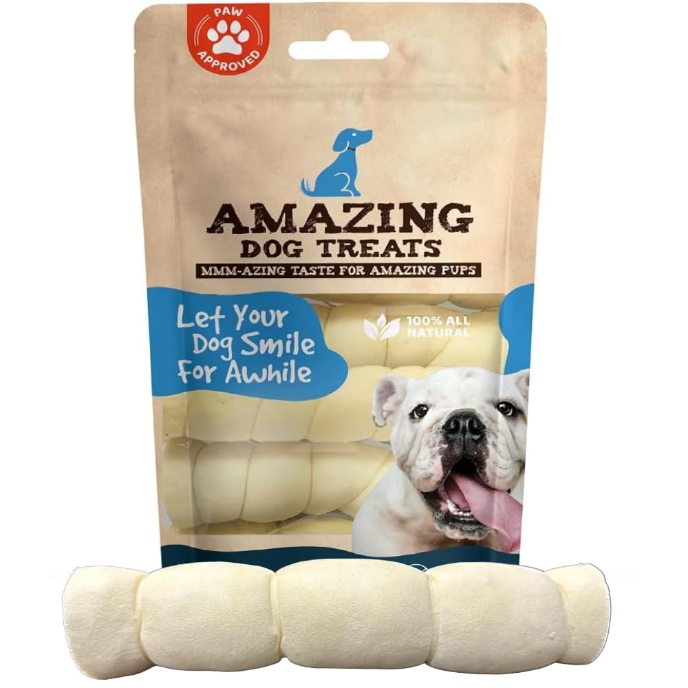 Amazing Dog Treats beef cheek rolls pack shown for long-lasting chew enjoyment for power chewers