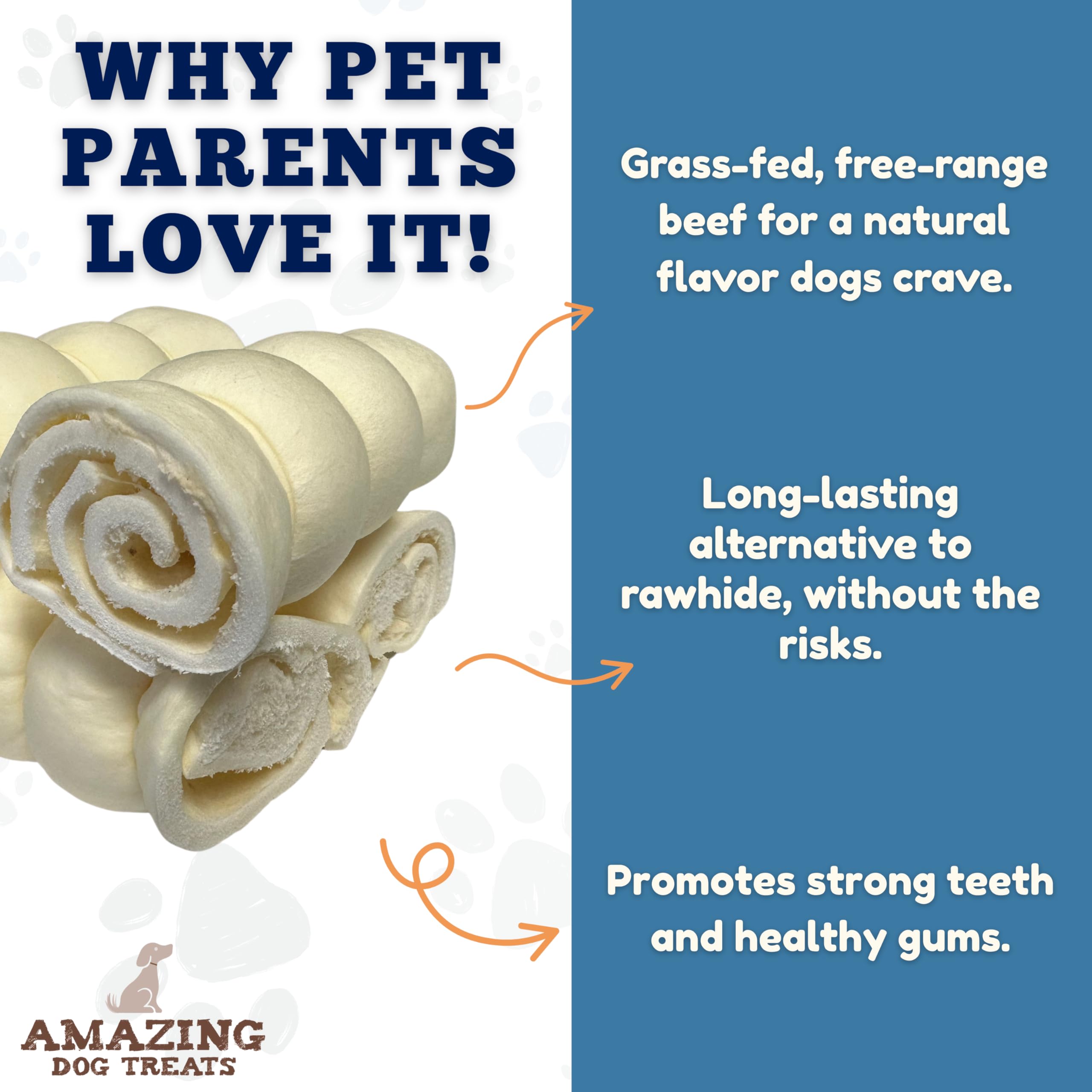 Amazing Dog Treats beef cheek rolls retriever roll display supports focused chewing.