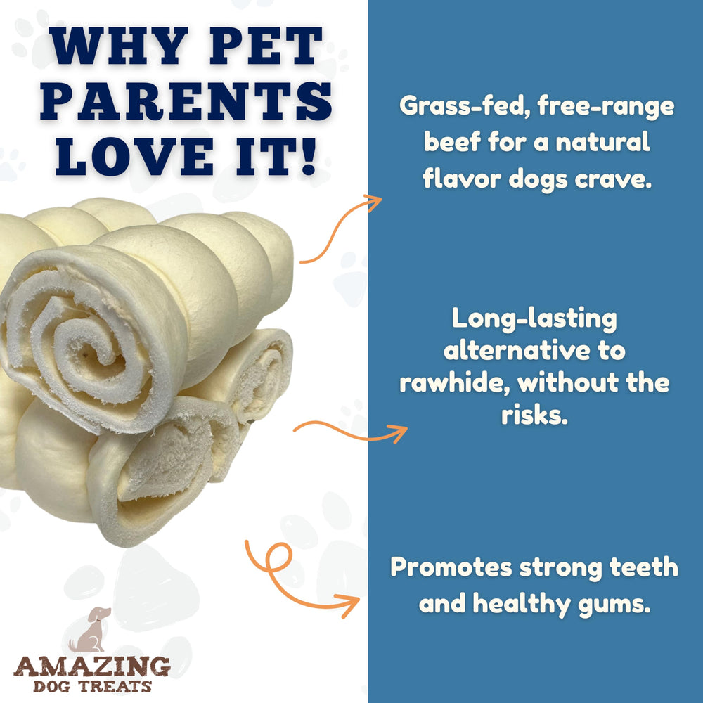 Amazing Dog Treats beef cheek rolls retriever roll display supports focused chewing.
