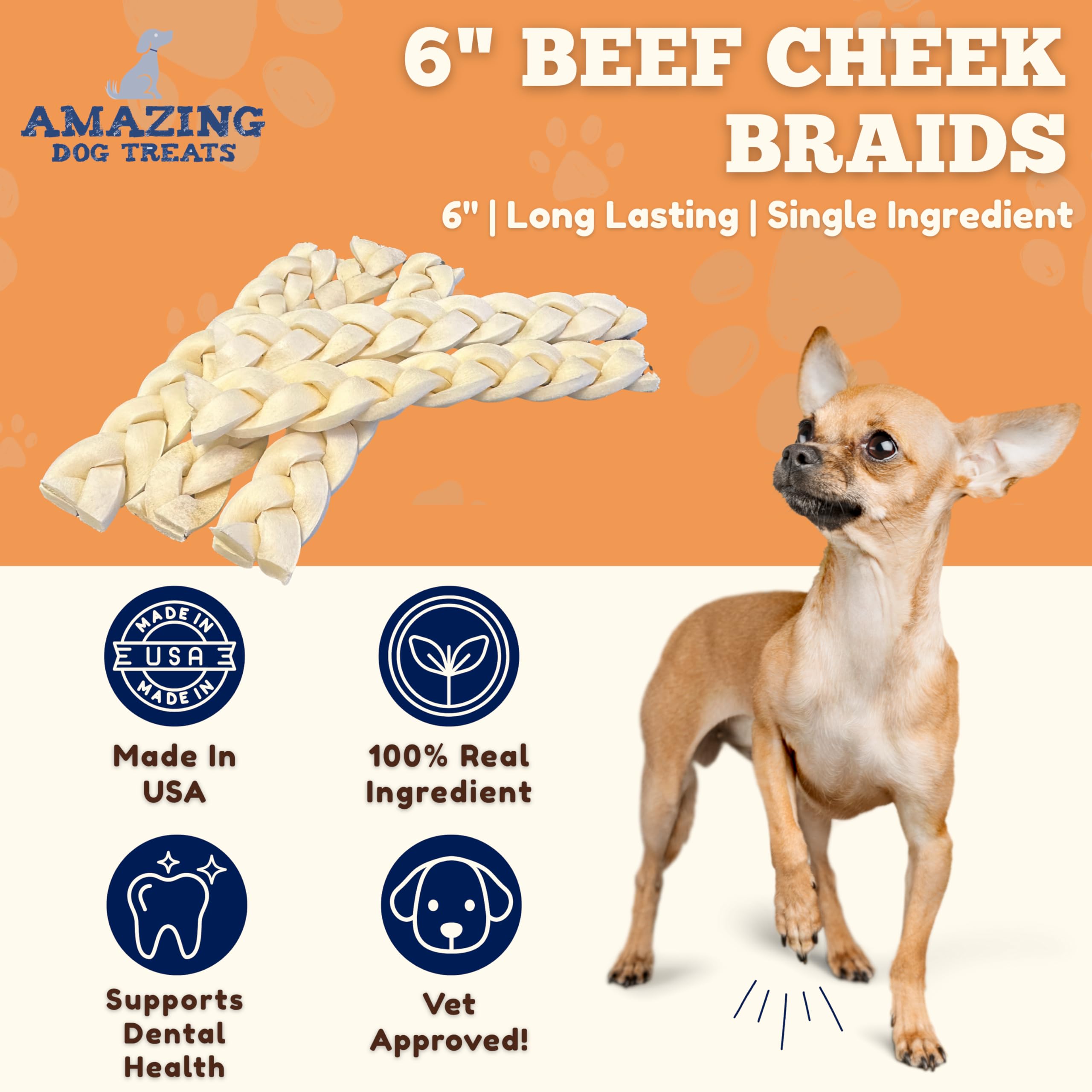 Amazing Dog Treats beef cheek skin chews closeup reveals natural texture for long-lasting chewing.