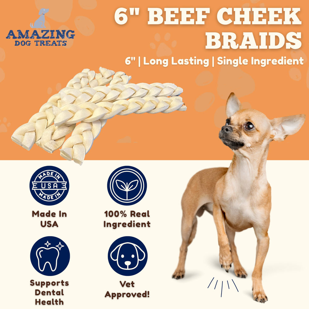 Amazing Dog Treats beef cheek skin chews closeup reveals natural texture for long-lasting chewing.