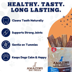 Amazing Dog Treats beef gullet dental-chew-effect shows teeth-friendly, gum-stimulating chew.