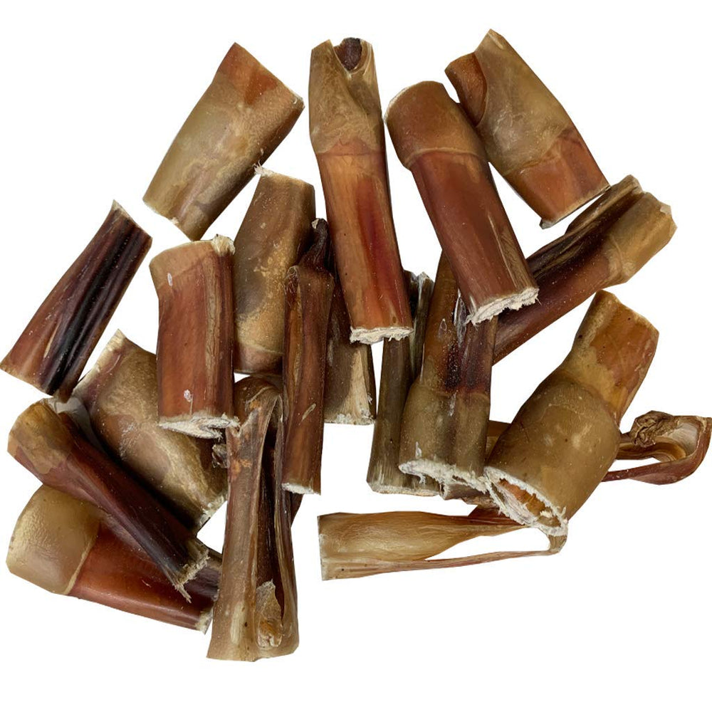Amazing Dog Treats bully-stick bites close-up texture highlighting single-ingredient, easily digestible chew.