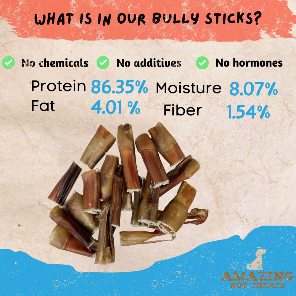 Amazing Dog Treats bully-stick bites detail showcasing premium, chemical-free ingredients for healthier chewing.
