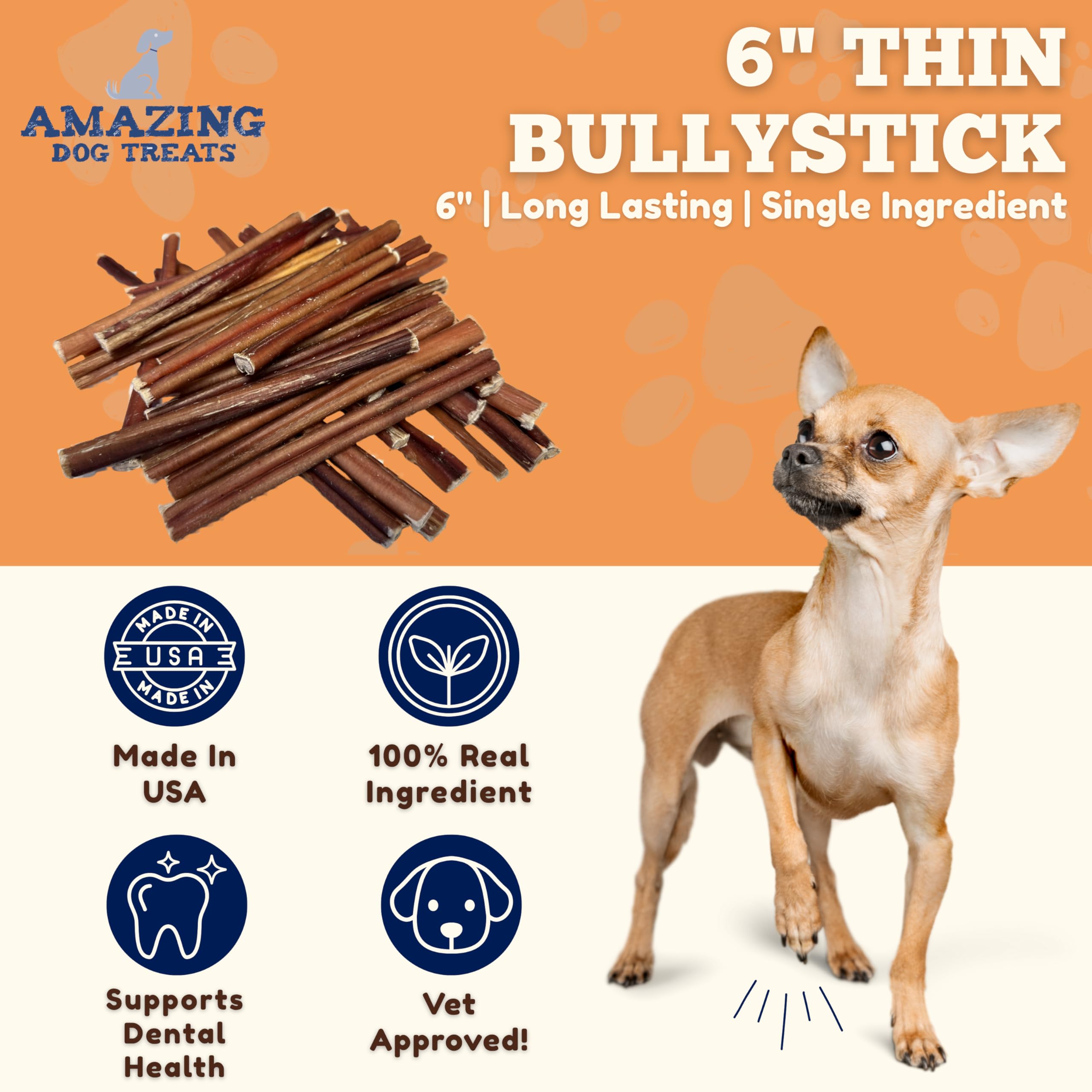 Amazing Dog Treats bully sticks small dogs 6-inch pack closeup texture highlights natural beef chew.