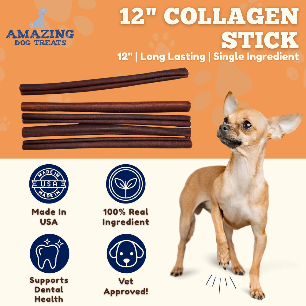 Amazing Dog Treats collagen stick close-up texture highlights natural chew surface for dental stimulation.