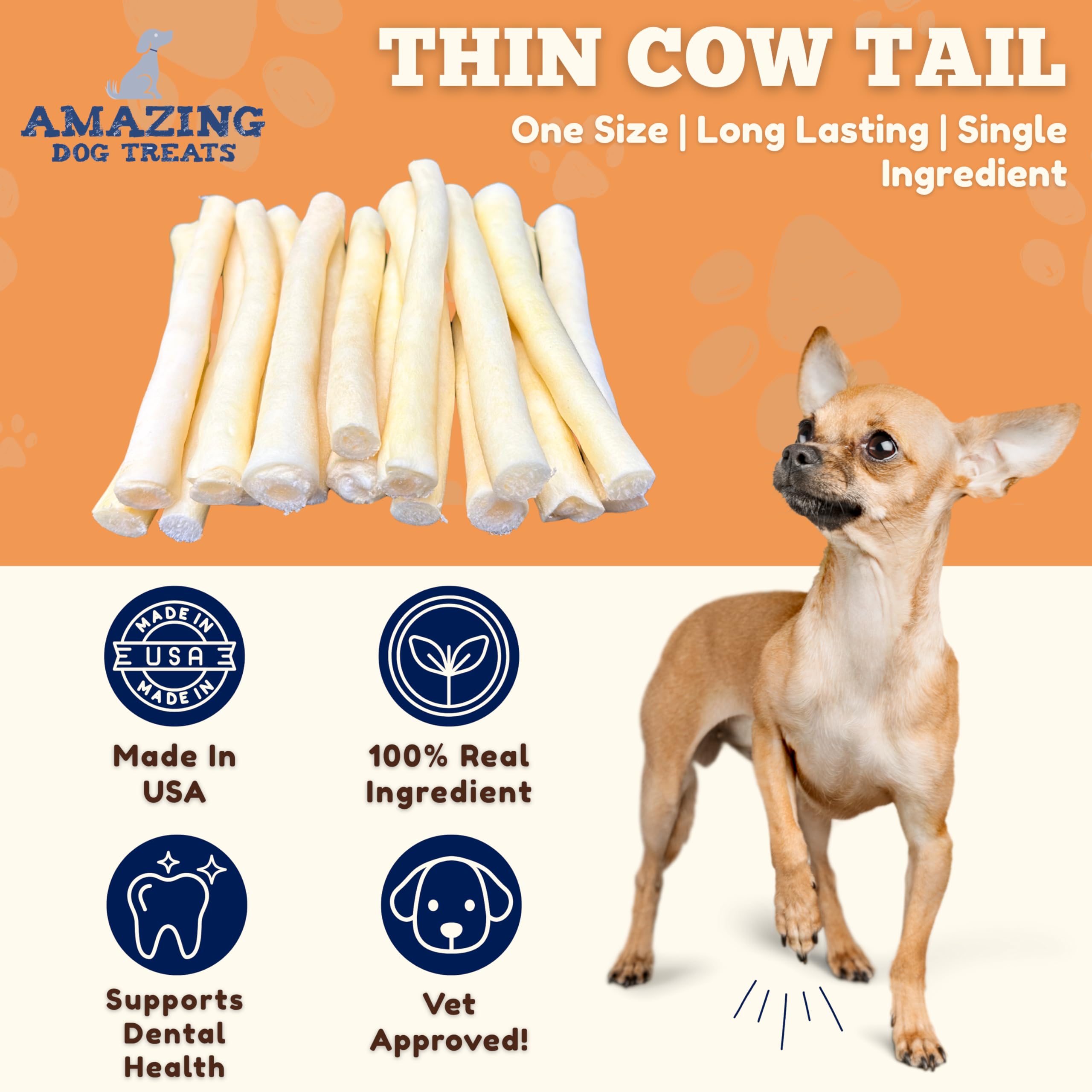 Amazing Dog Treats cow tail 6inch chew close-up — natural texture supports dental care