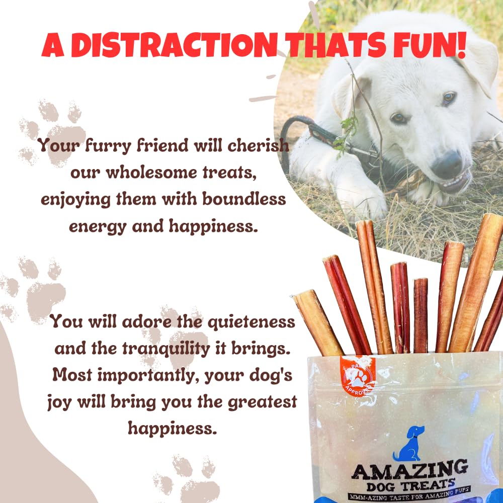 Amazing Dog Treats medium bully sticks 15-pieces-per-pack visual emphasizes quantity and value.