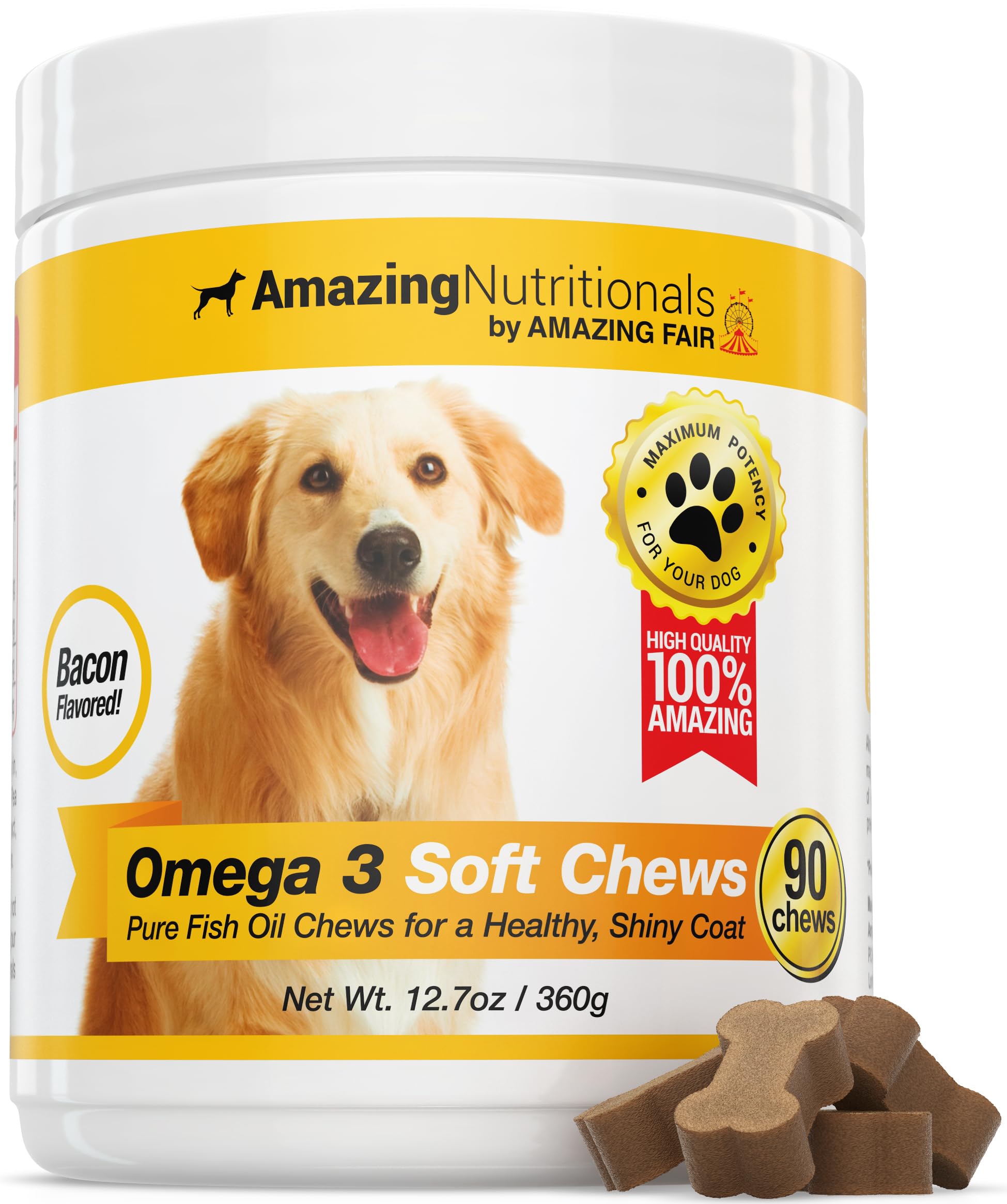 Amazing Nutritionals Amazing Omega-3 for Dogs bacon soft chews bottle supports coat health.