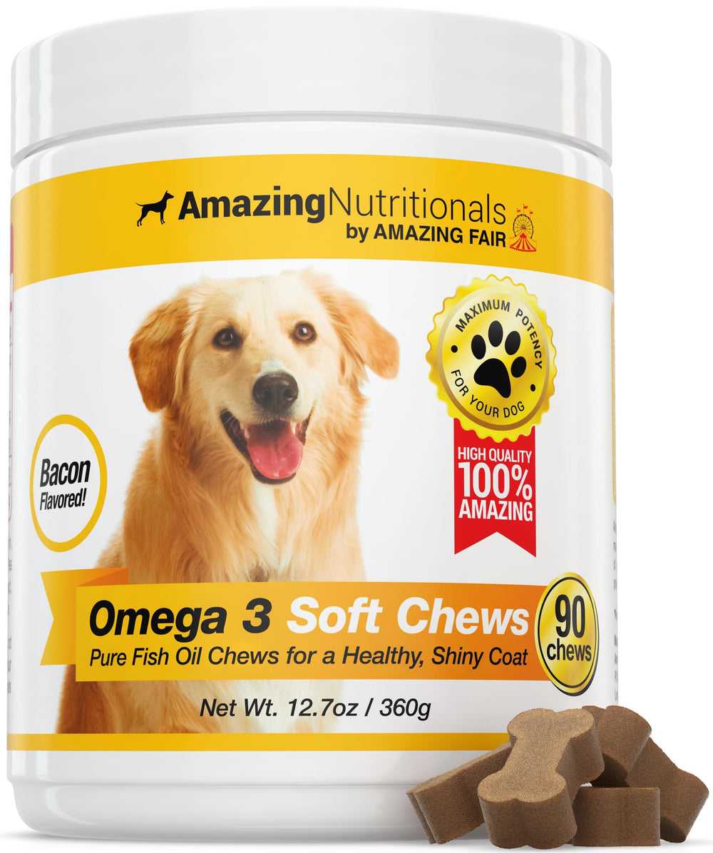 Amazing Nutritionals Amazing Omega-3 for Dogs bacon soft chews bottle supports coat health.