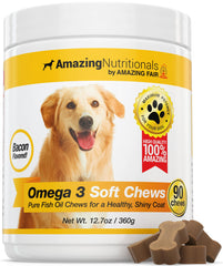 Amazing Nutritionals Amazing Omega-3 for Dogs bacon soft chews bottle supports coat health.