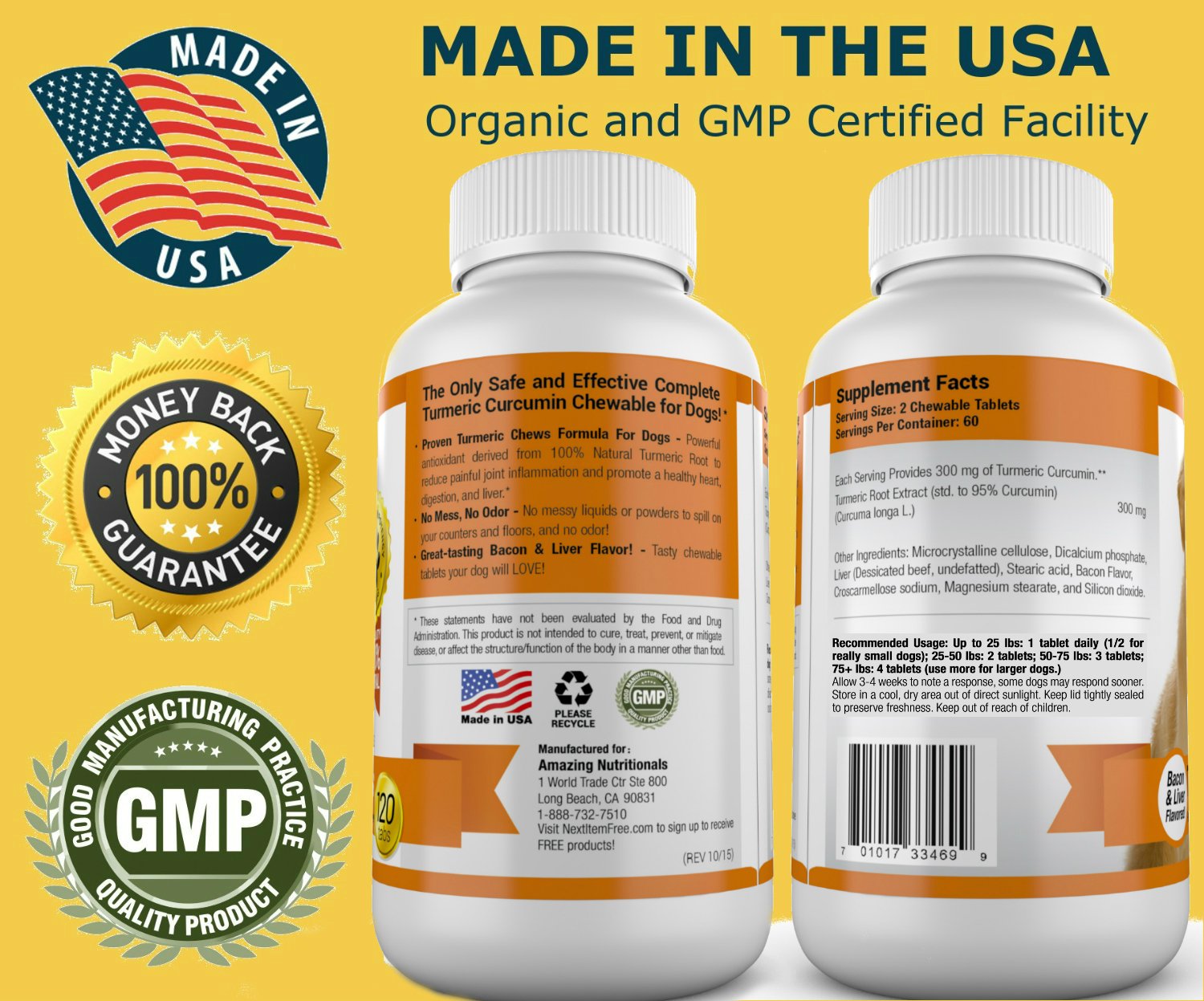 Amazing Nutritionals Amazing Turmeric for Dogs dosage guide shown for tailored pet support