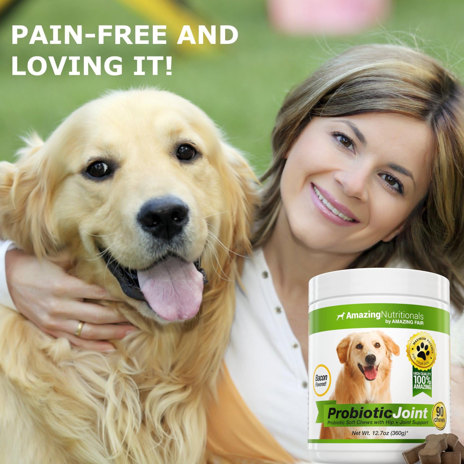 Amazing Nutritionals dog probiotics closeup shows tasty bacon liver chews loved by pets.