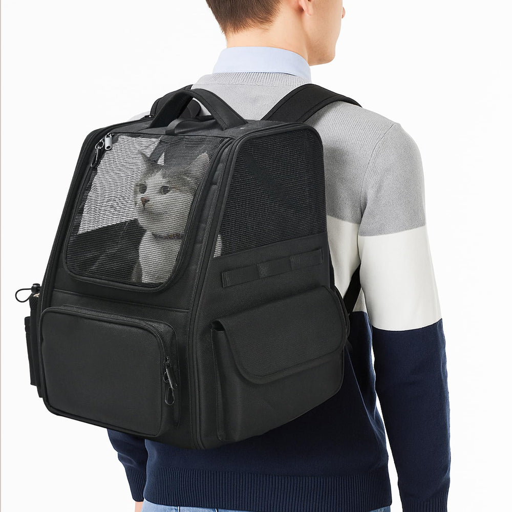 Amazon Basics pet backpack black design pairs with gear.