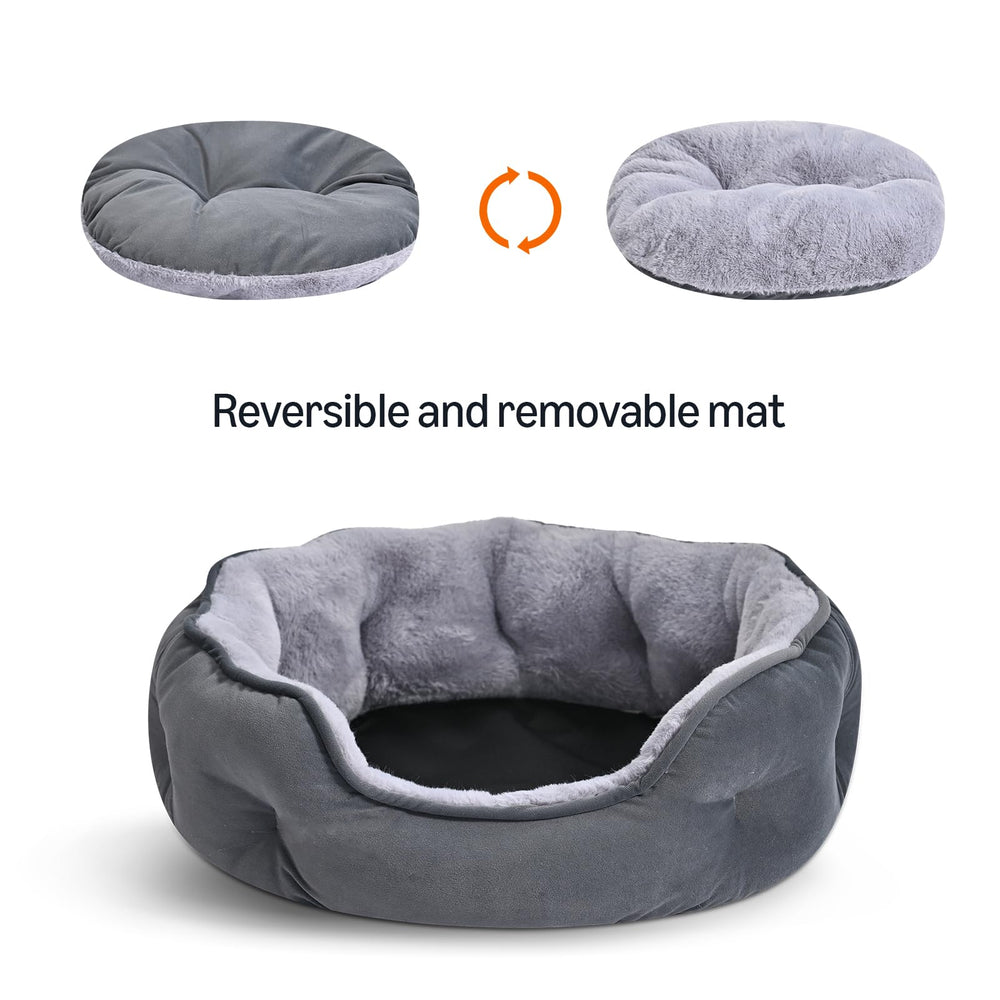 Amazon Basics round dog bed in gray fabric adds stylish comfort for indoor pets.