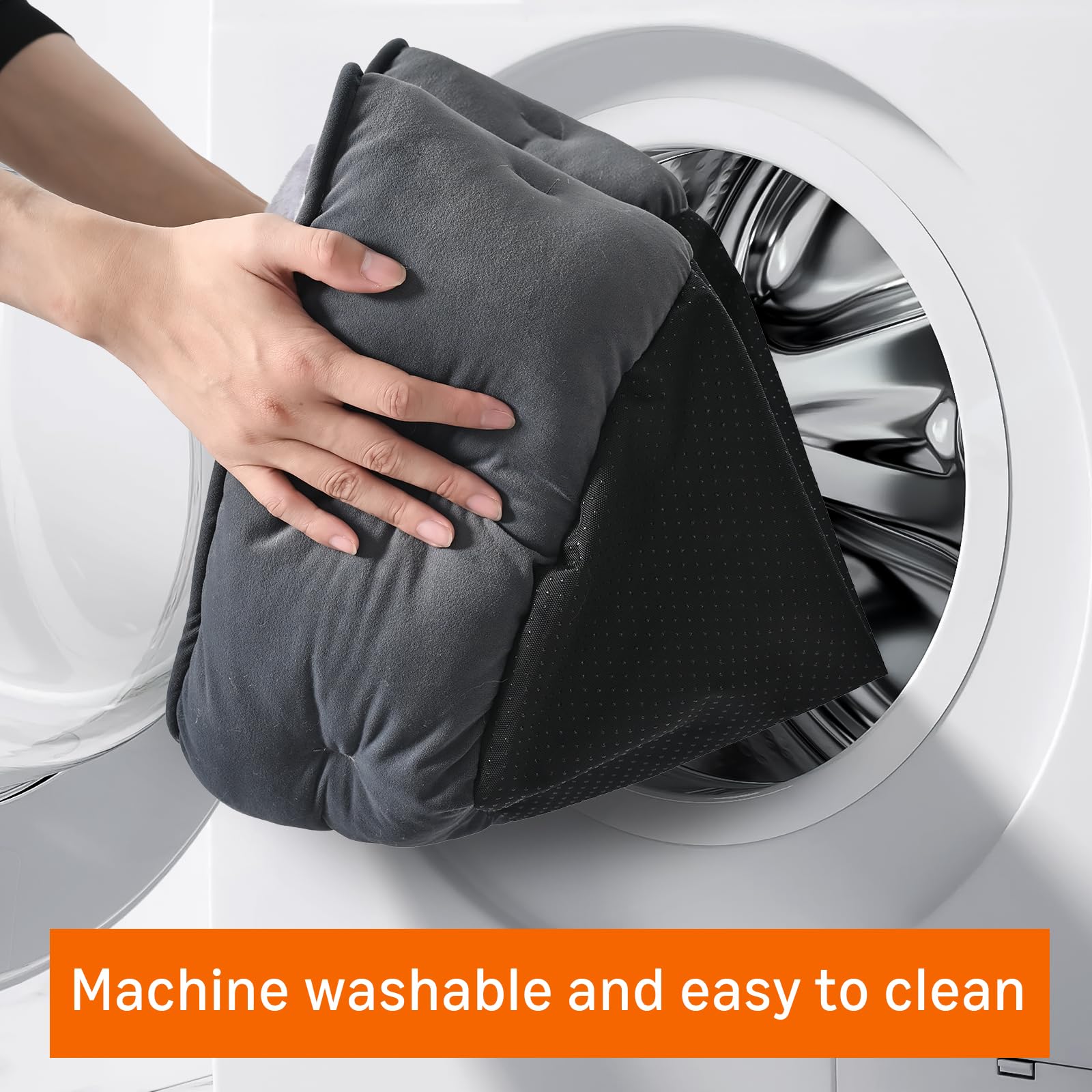 Amazon Basics round dog bed is machine washable for easy cleaning.