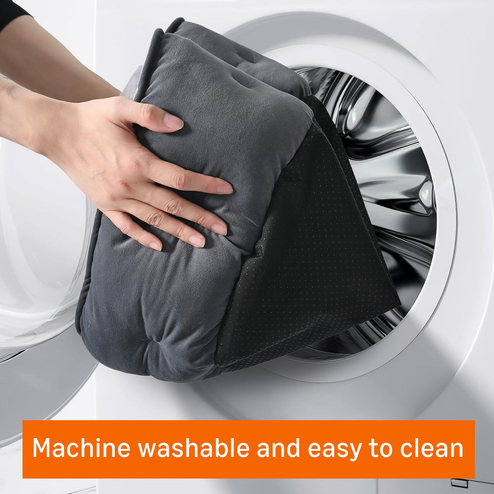 Amazon Basics round dog bed is machine washable for easy cleaning.