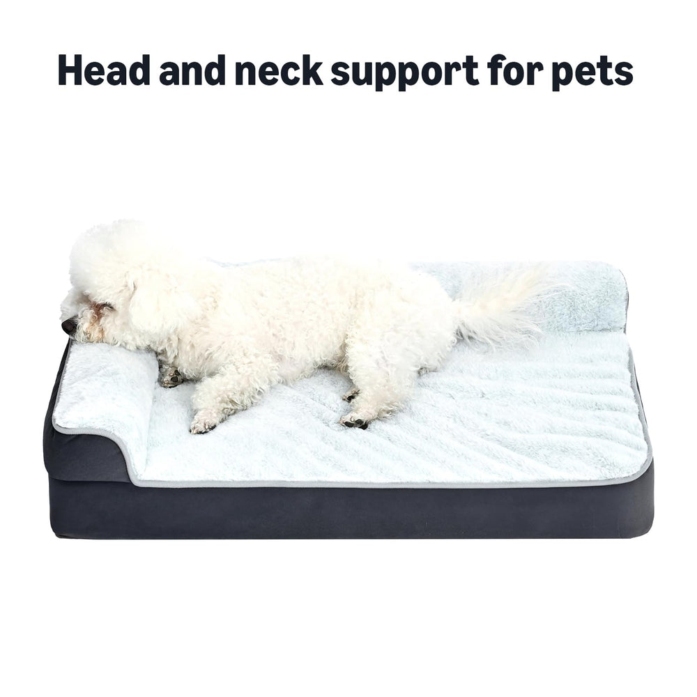 Amazon Basics washable L-shaped dog bed removable cover for easy cleaning and maintenance.