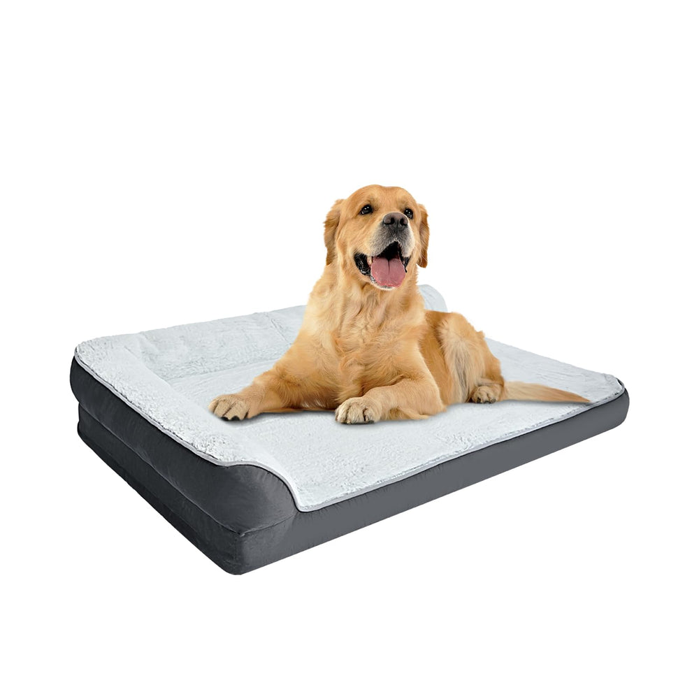 Amazon Basics L-shaped dog bed outer view showing spacious resting area for large dogs and cozy fabric.