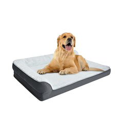 Amazon Basics L-shaped dog bed outer view showing spacious resting area for large dogs and cozy fabric.