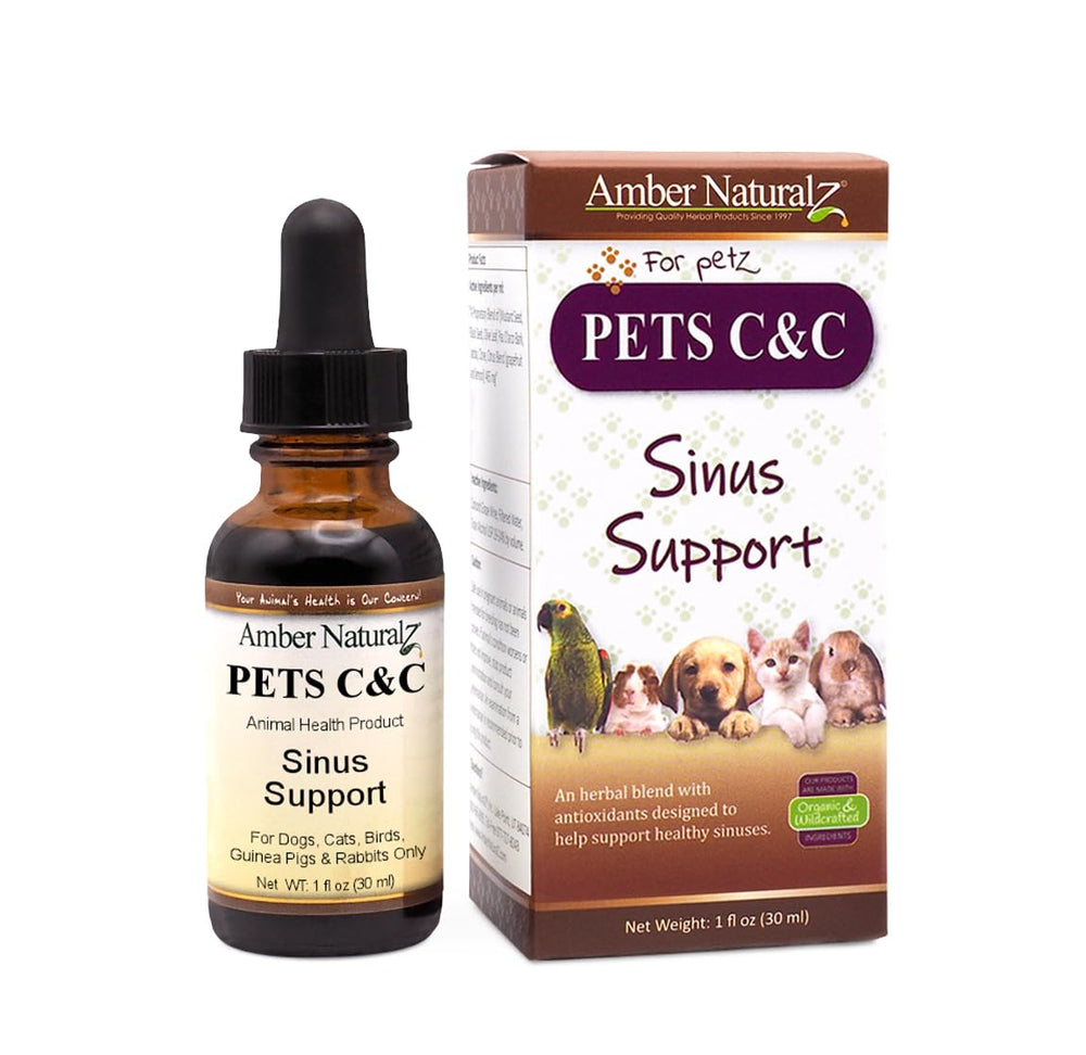 Amber NaturalZ Pet C&C Sinus Support bottle with dropper for easy dosing and sinus support.