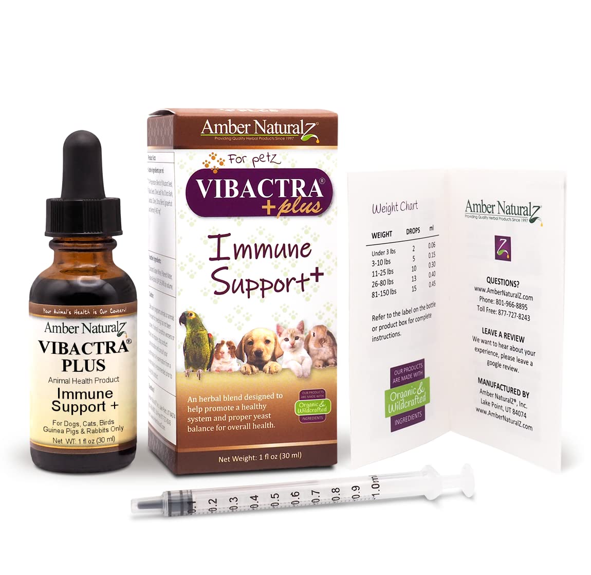 Amber NaturalZ Vibactra Plus olive leaf, pau d'arco, and clove support microbiome balance.