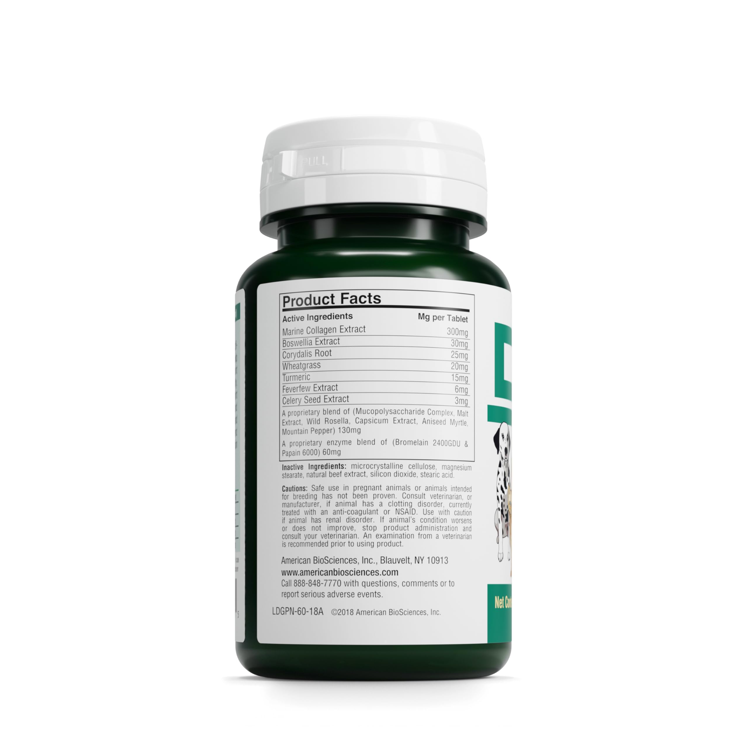 American BioSciences DGP tablets closeup emphasizes easy chewable format for pets.