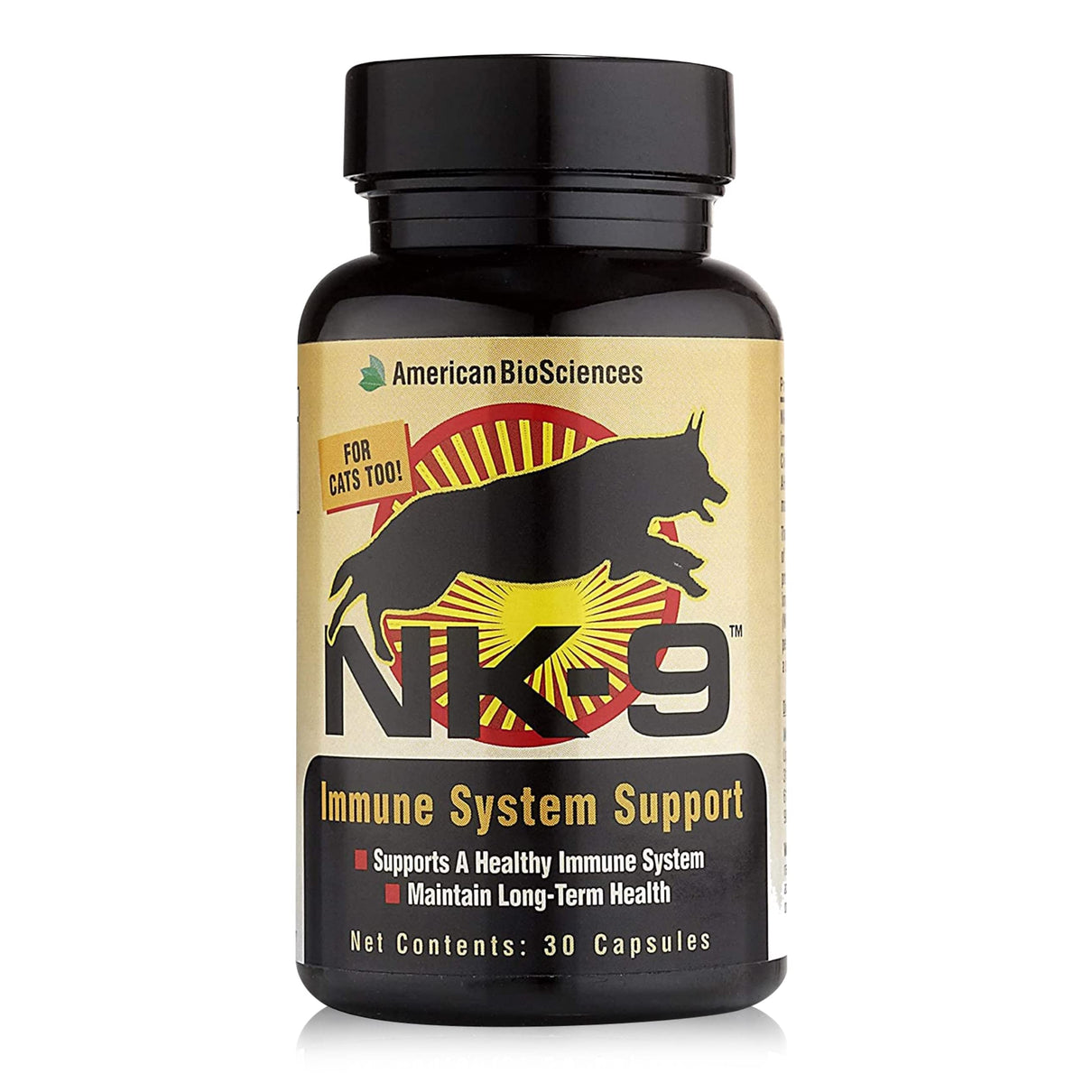 American BioSciences NK-9 bottle front for pet immune support.