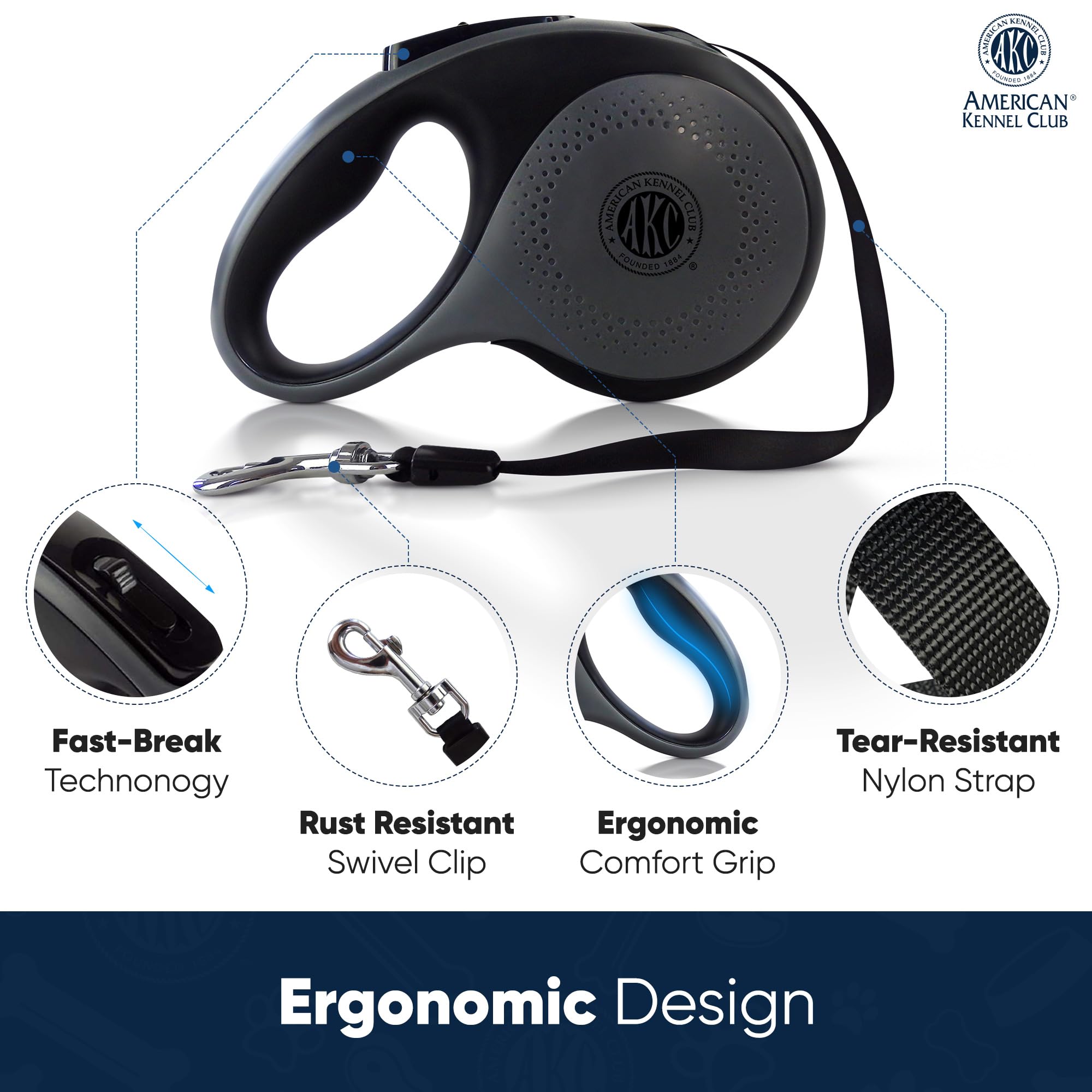 American Kennel Club retractable leash with ergonomic grip for comfortable walks