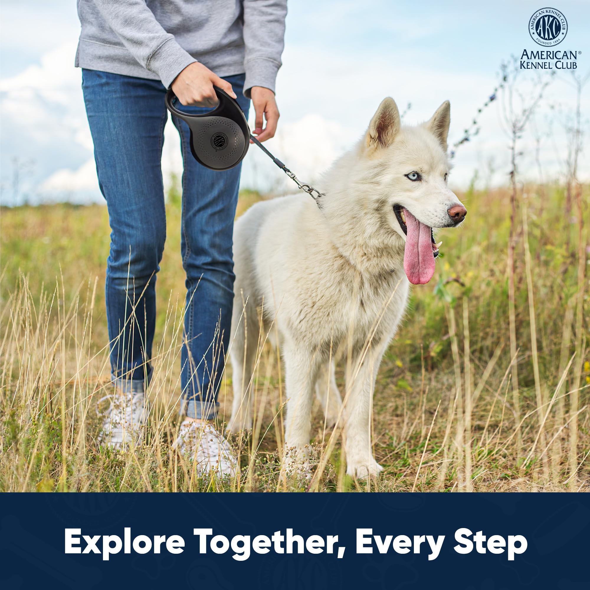 American Kennel Club retractable leash in use for a calm, controlled walk
