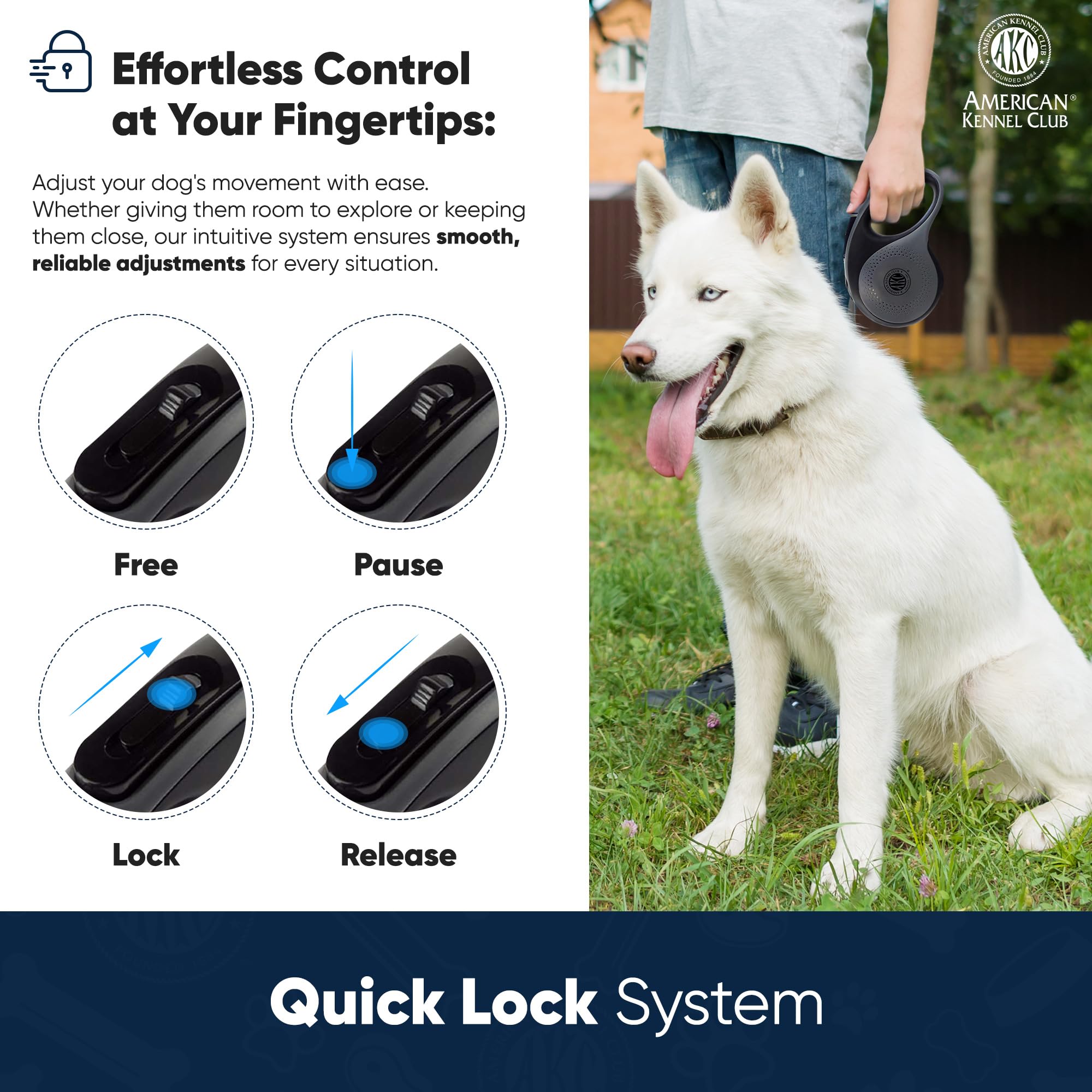 American Kennel Club retractable leash quick lock enables one handed adjustments