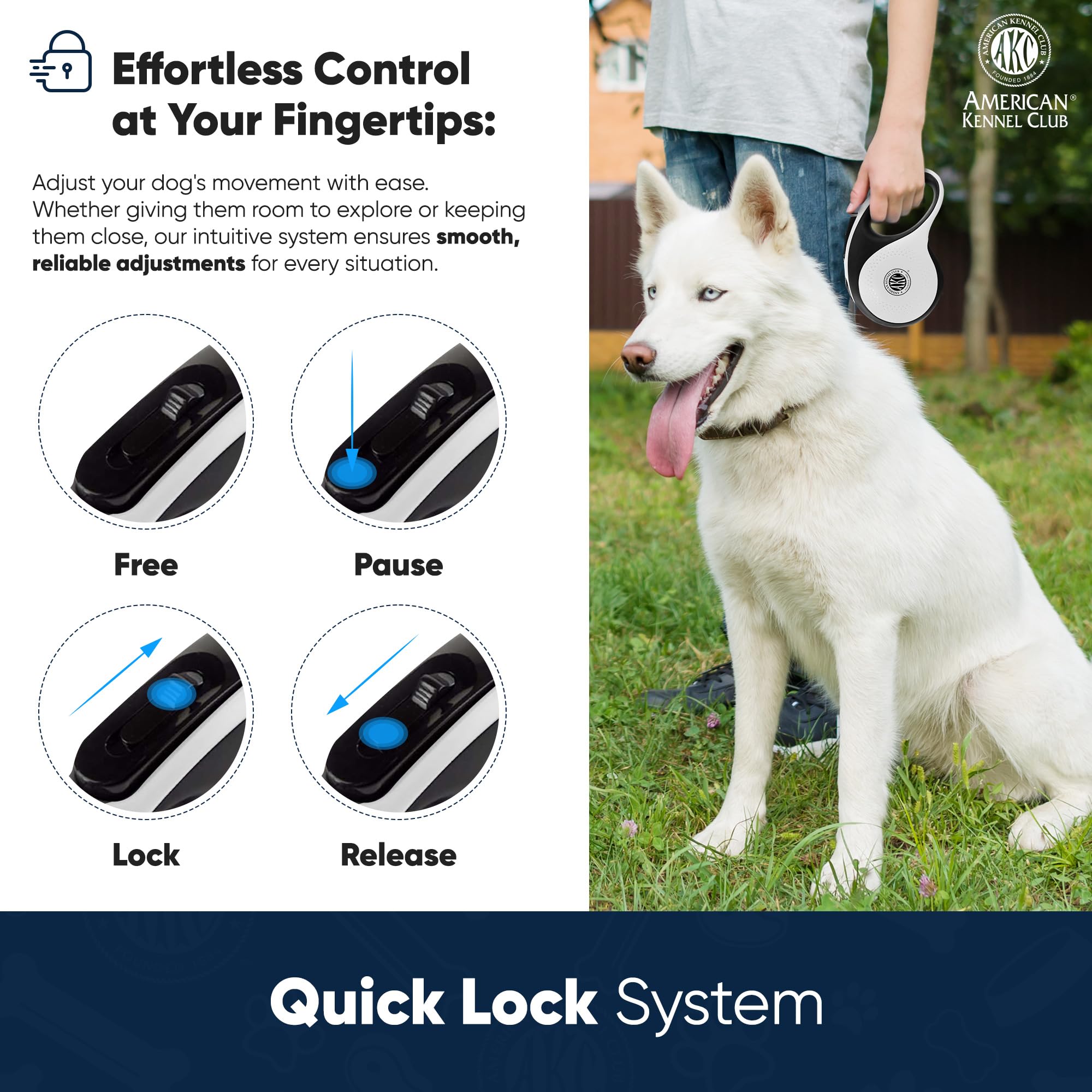 American Kennel Club retractable leash quick-lock system demonstrated for one-hand operation and safer control.