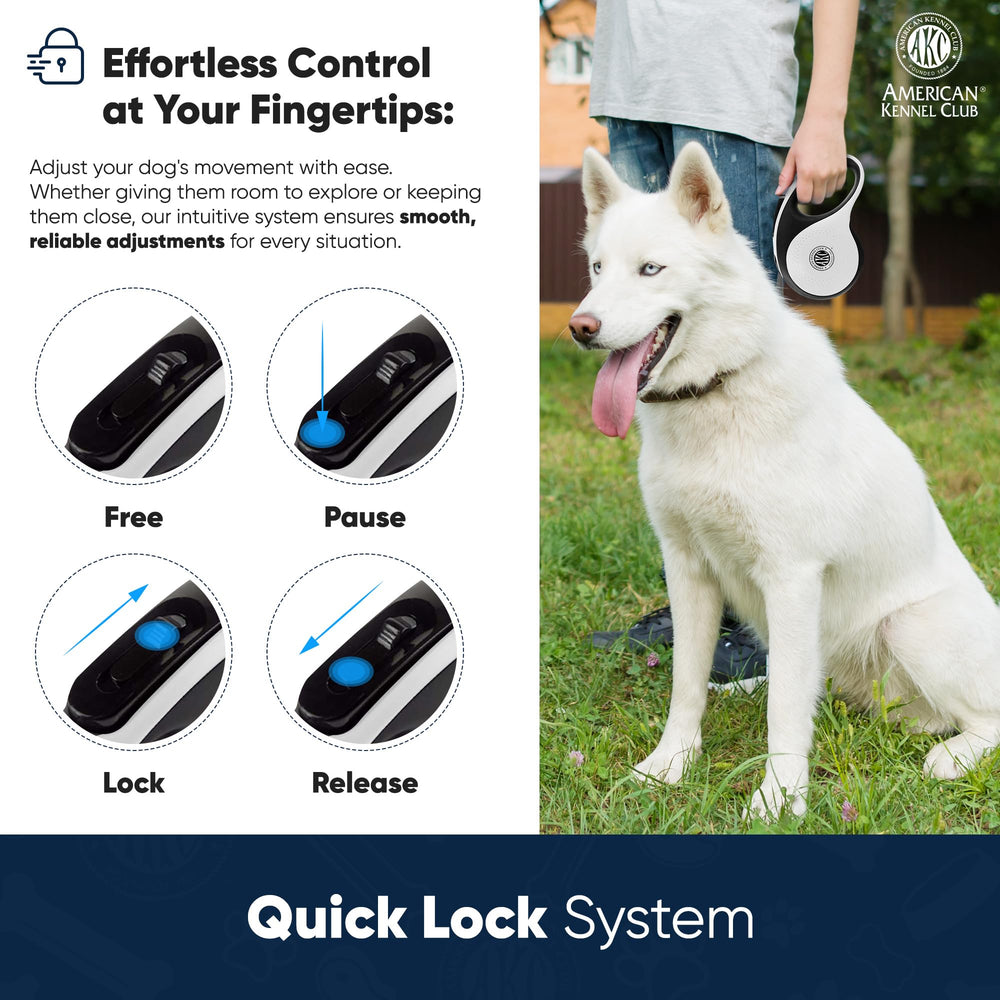 American Kennel Club retractable leash quick-lock system demonstrated for one-hand operation and safer control.