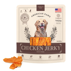 American Paws chicken jerky strips shown for rewarding training and tasty bites.