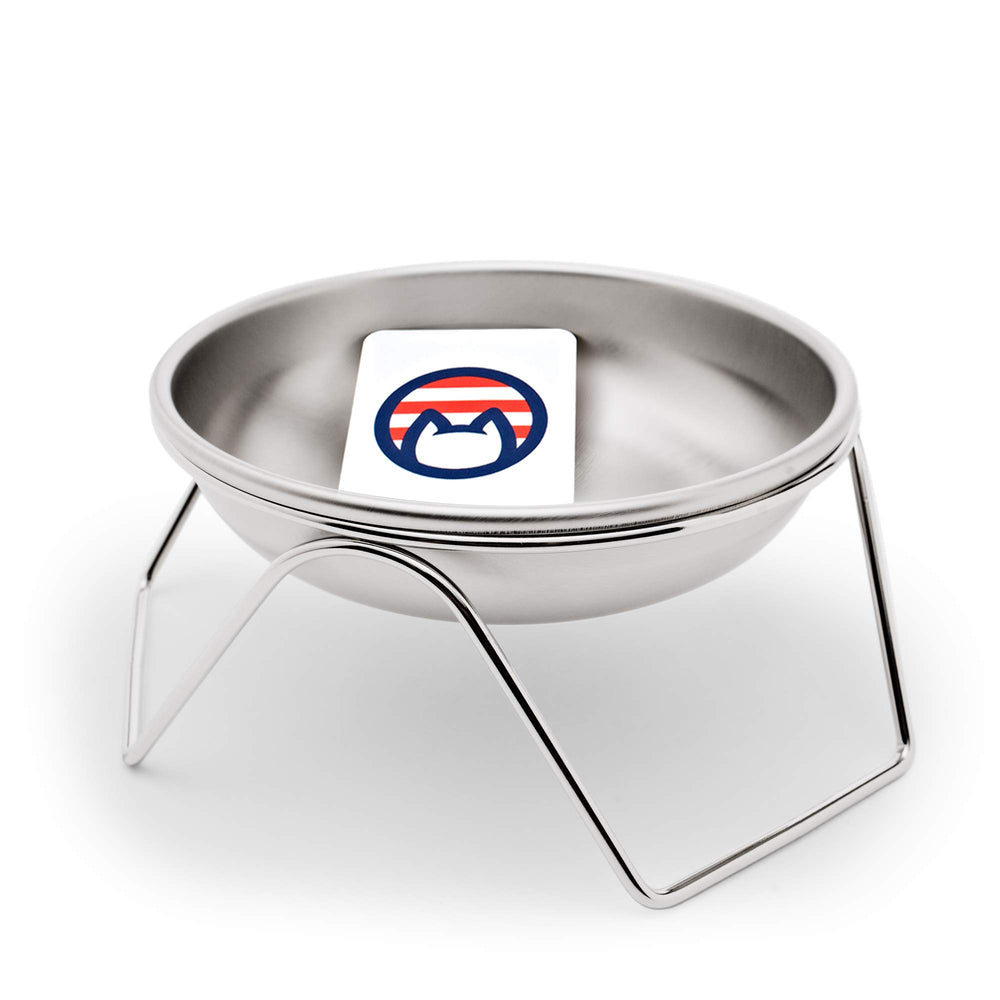Americat raised bowl stand front view for easier feeding and cleaner floors.