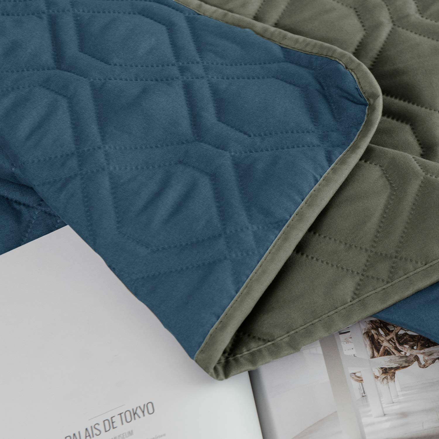 Ameritex bed cover reversible colors front view offers two decor options.