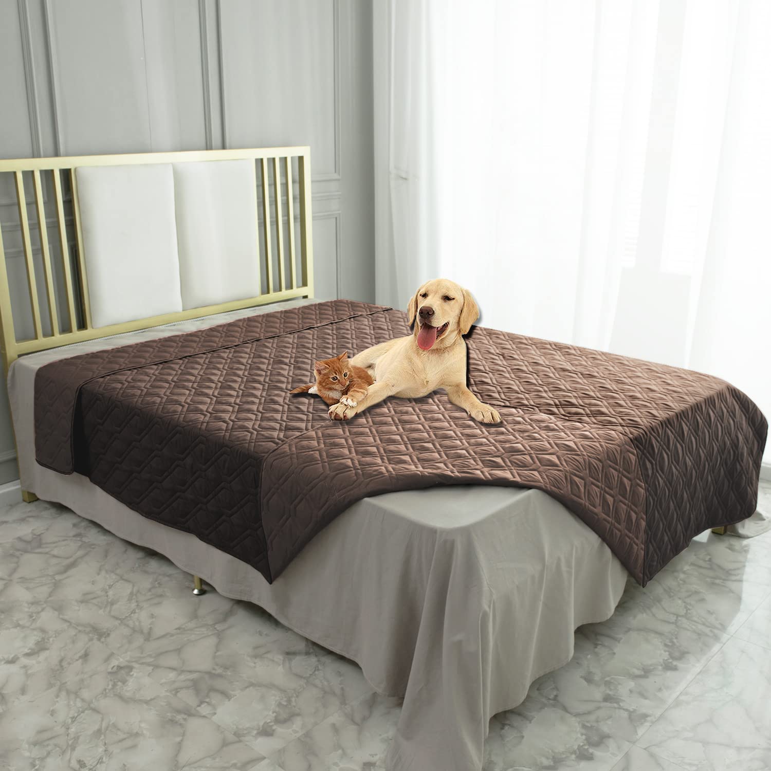 Ameritex waterproof dog bed cover with reversible colors protects furniture from spills and pets.