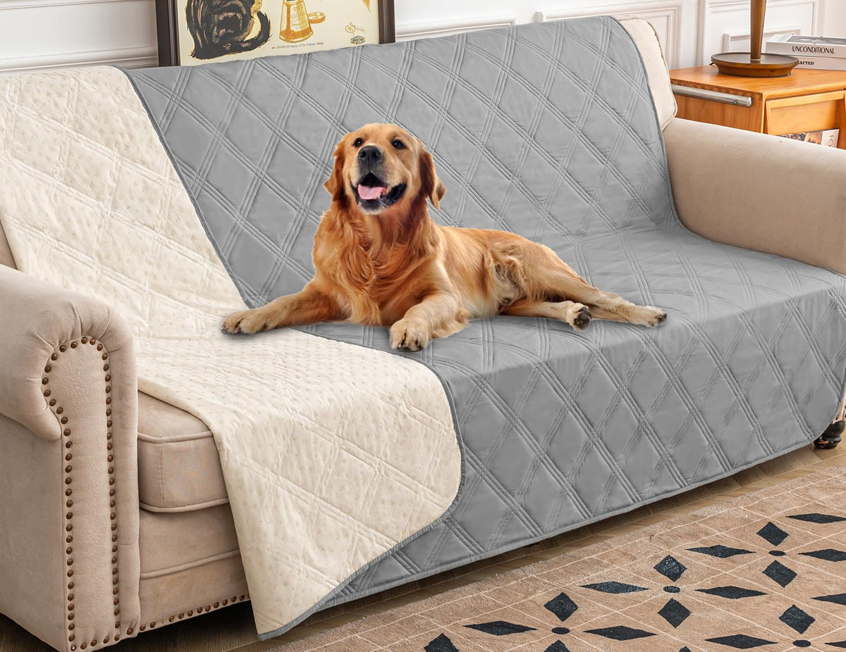 Ameritex waterproof dog bed cover with anti-slip back protects sofa from spills and pet mess.