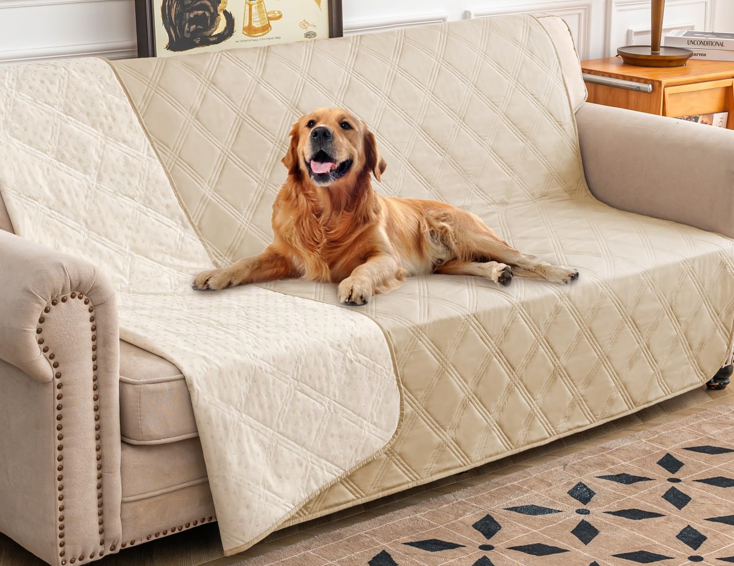Ameritex waterproof dog bed cover closeup reveals layered protection against spills.