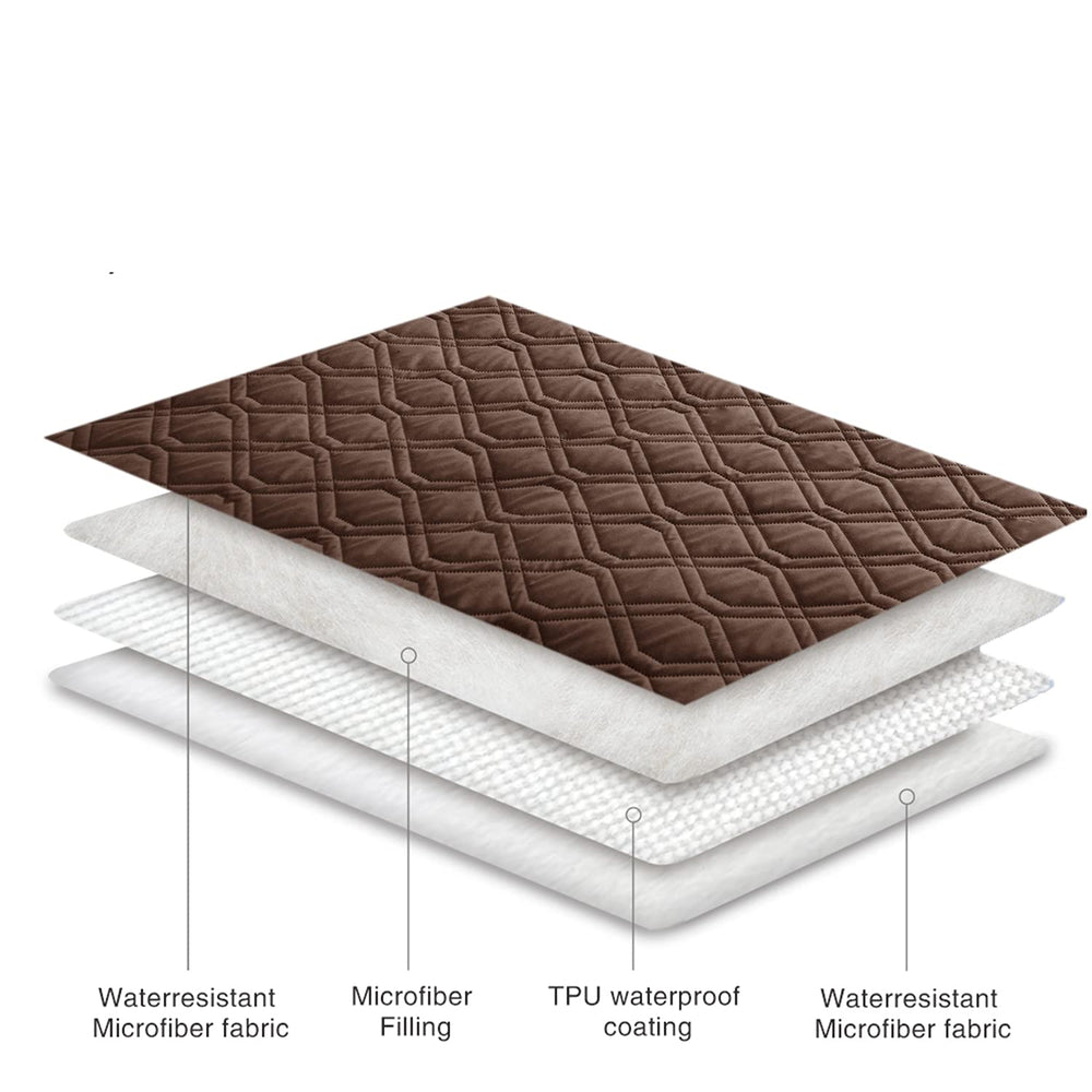 Ameritex waterproof dog bed cover on dog bed demonstrates full coverage for protection.